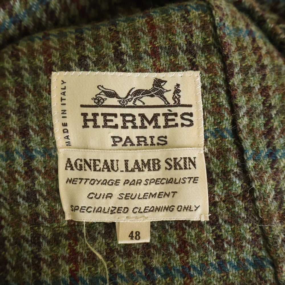 HERMES(エルメス) ツイードジャケット テーラード スウェードレザー カーキ リネン