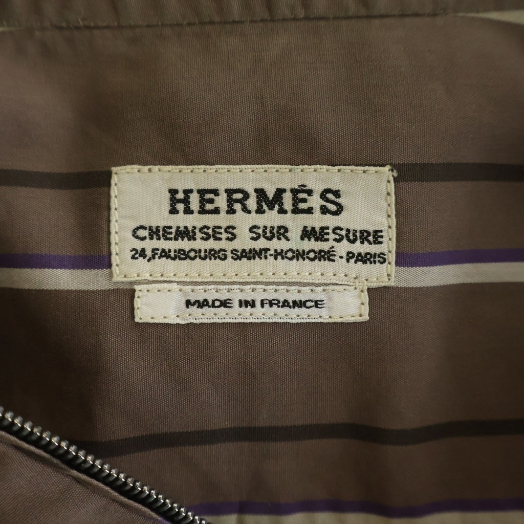 HERMES(エルメス) ハーフジップシャツ ストライプ カーキ ブラウン コットン