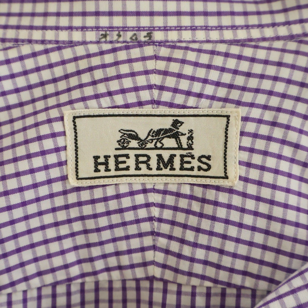 HERMES(エルメス) ギンガムチェック柄 バンドカラー長袖シャツ ホワイト/パープル