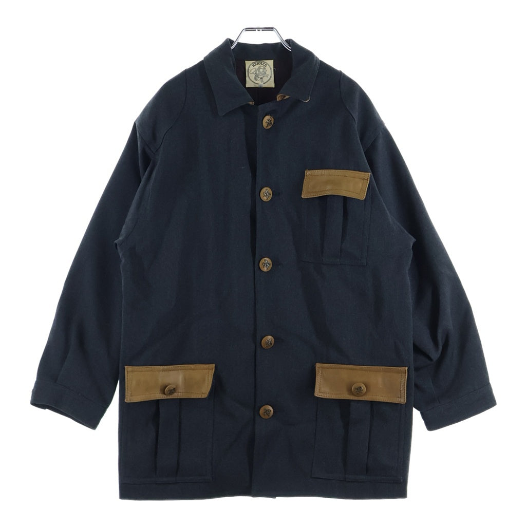 HERMES(エルメス) カバーオール ハンティングジャケット グレー ウール×レザー