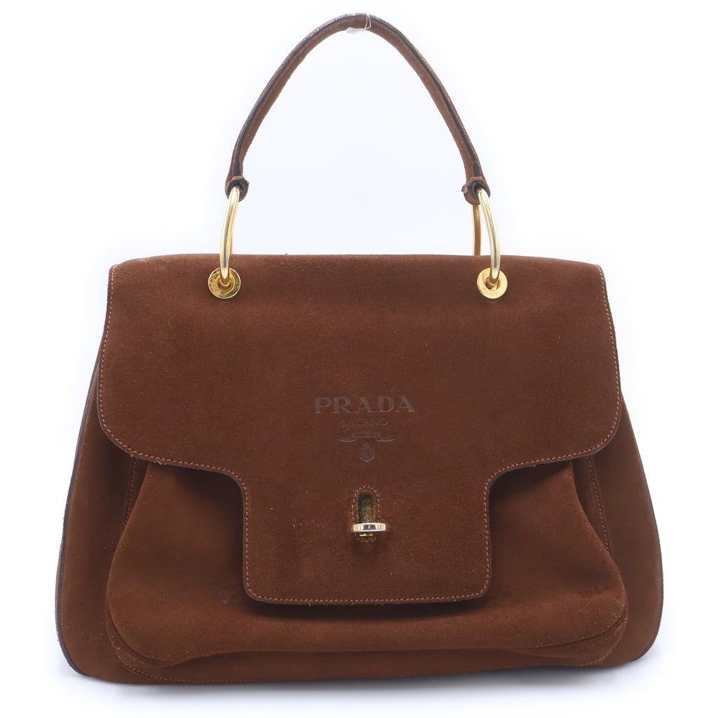 PRADA(プラダ) オールドプラダ フラップハンドバッグ ブラウン スエード ゴールド金具 レディース