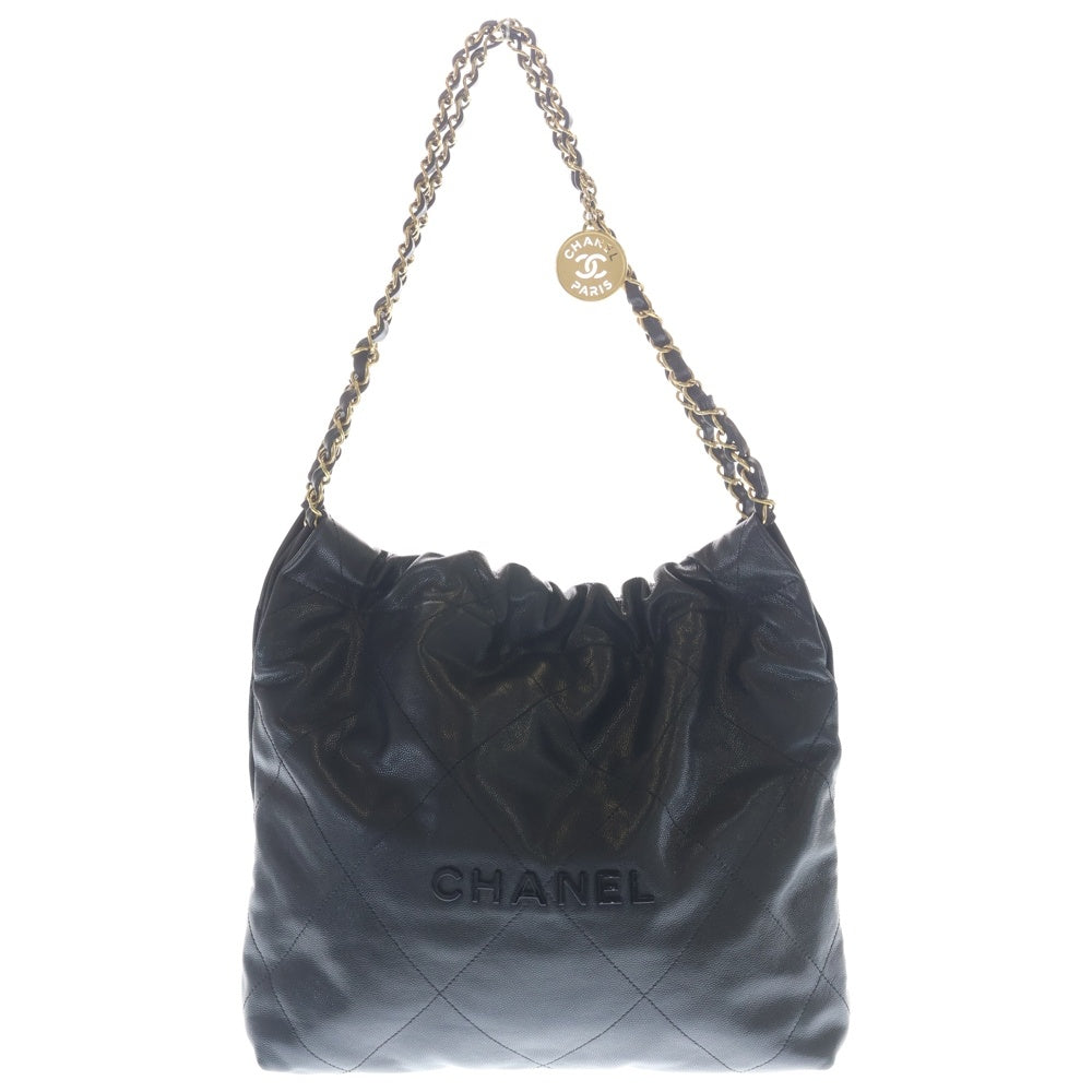 CHANEL(シャネル) シャネル22 スモール キャビアスキン レザー チェーンショルダーバッグ ゴールド金具 ブラック プレート レディース