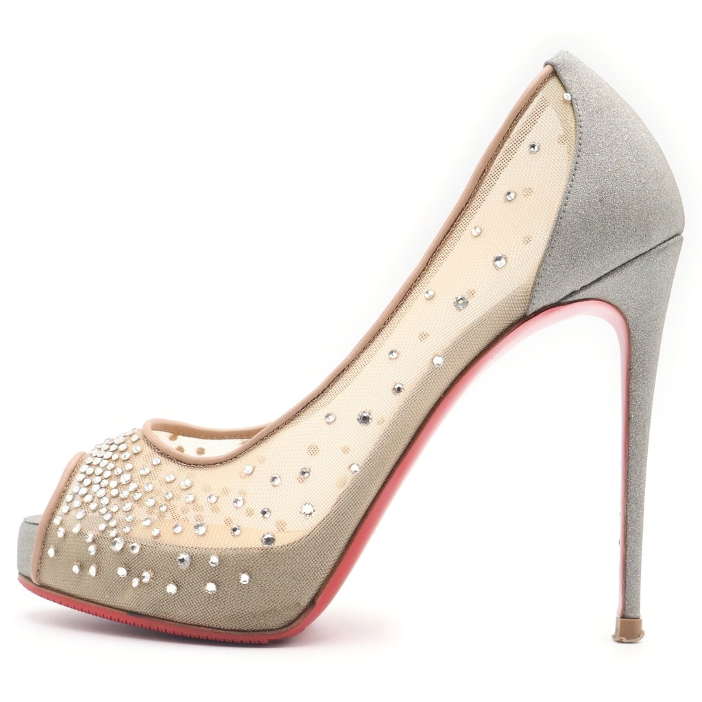 CHRISTIAN LOUBOUTIN(クリスチャンルブタン) ビジュー オープントゥ パンプス ヒール シルバー メッシュ スエード レディース