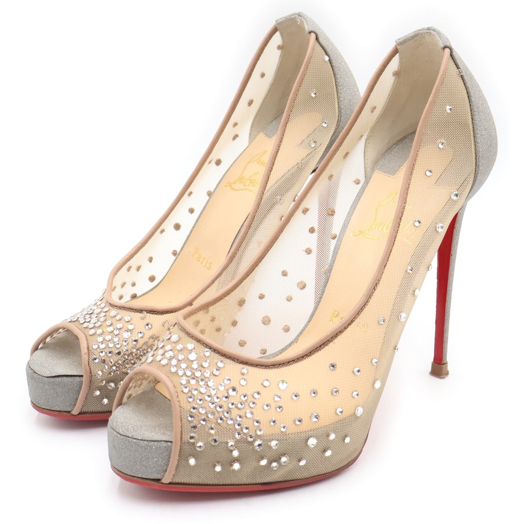 CHRISTIAN LOUBOUTIN(クリスチャンルブタン) ビジュー オープントゥ パンプス ヒール シルバー メッシュ スエード レディース