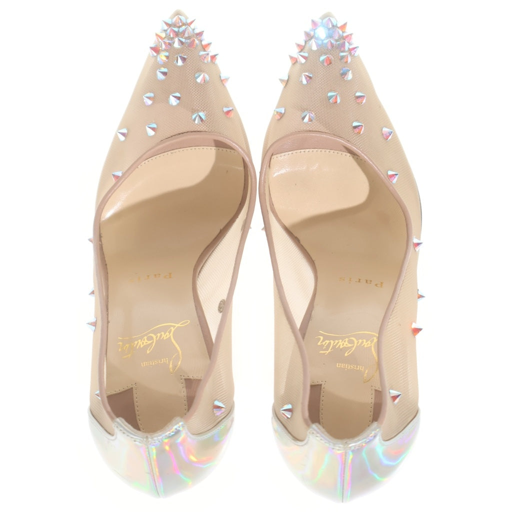 CHRISTIAN LOUBOUTIN(クリスチャンルブタン) スパイクスタッズ ポインテッドトゥ ヒールパンプス ベージュ メッシュ #36 レディース