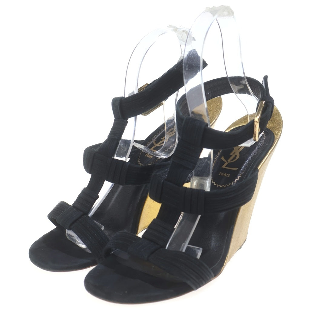SAINT LAURENT PARIS(サンローランパリ) ウェッジソールサンダル ブラック×ゴールド スエード 265959 レディース