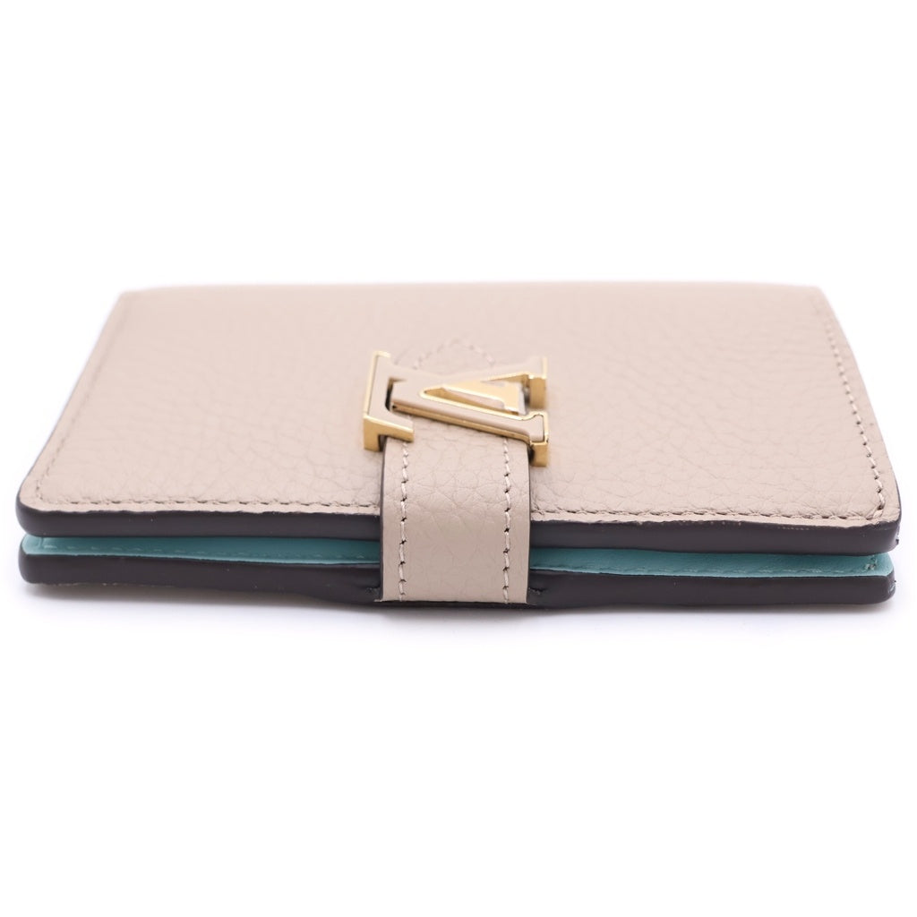 LOUIS VUITTON(ルイヴィトン) LVヴェルティカル トリヨン レザー コンパクトウォレット 二つ折り財布 ゴールド金具 ベージュ/ライトブルー M82198 レディース