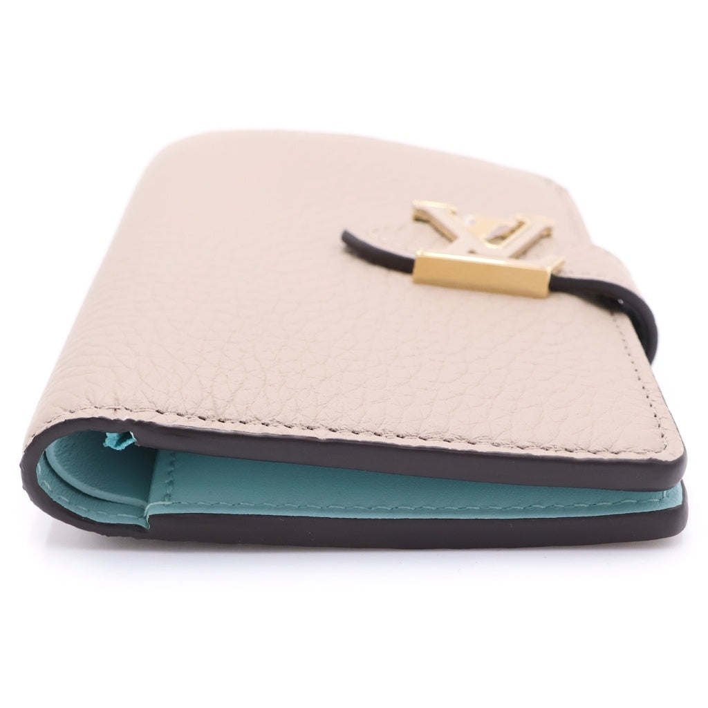 LOUIS VUITTON(ルイヴィトン) LVヴェルティカル トリヨン レザー コンパクトウォレット 二つ折り財布 ゴールド金具 ベージュ/ライトブルー M82198 レディース