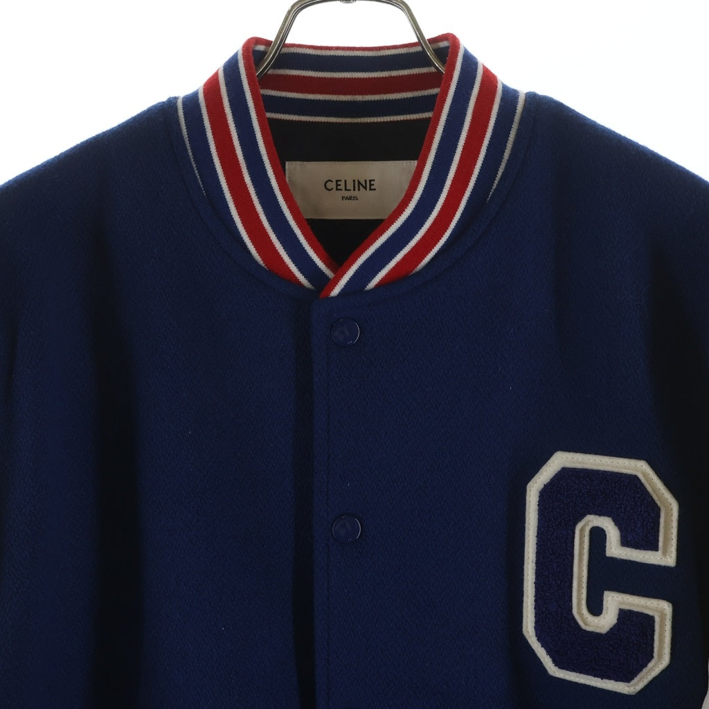 CELINE(セリーヌ) テディ ワッペンロゴ レザー ウール スタジアムジャケット スタジャン ブルゾン ブルー 2W804896C