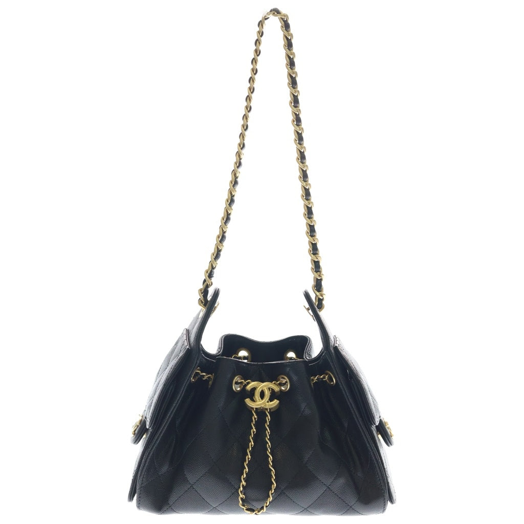 CHANEL(シャネル) シャネル25 ミニ キャビアスキン レザー チェーンショルダーバッグ ゴールド金具 ブラック AS5631 プレート レディース