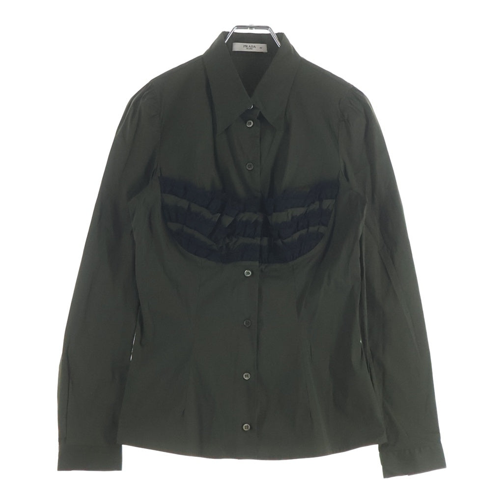 PRADA(プラダ) レース装飾 ストレッチ 長袖シャツ カーキ レディース P4537