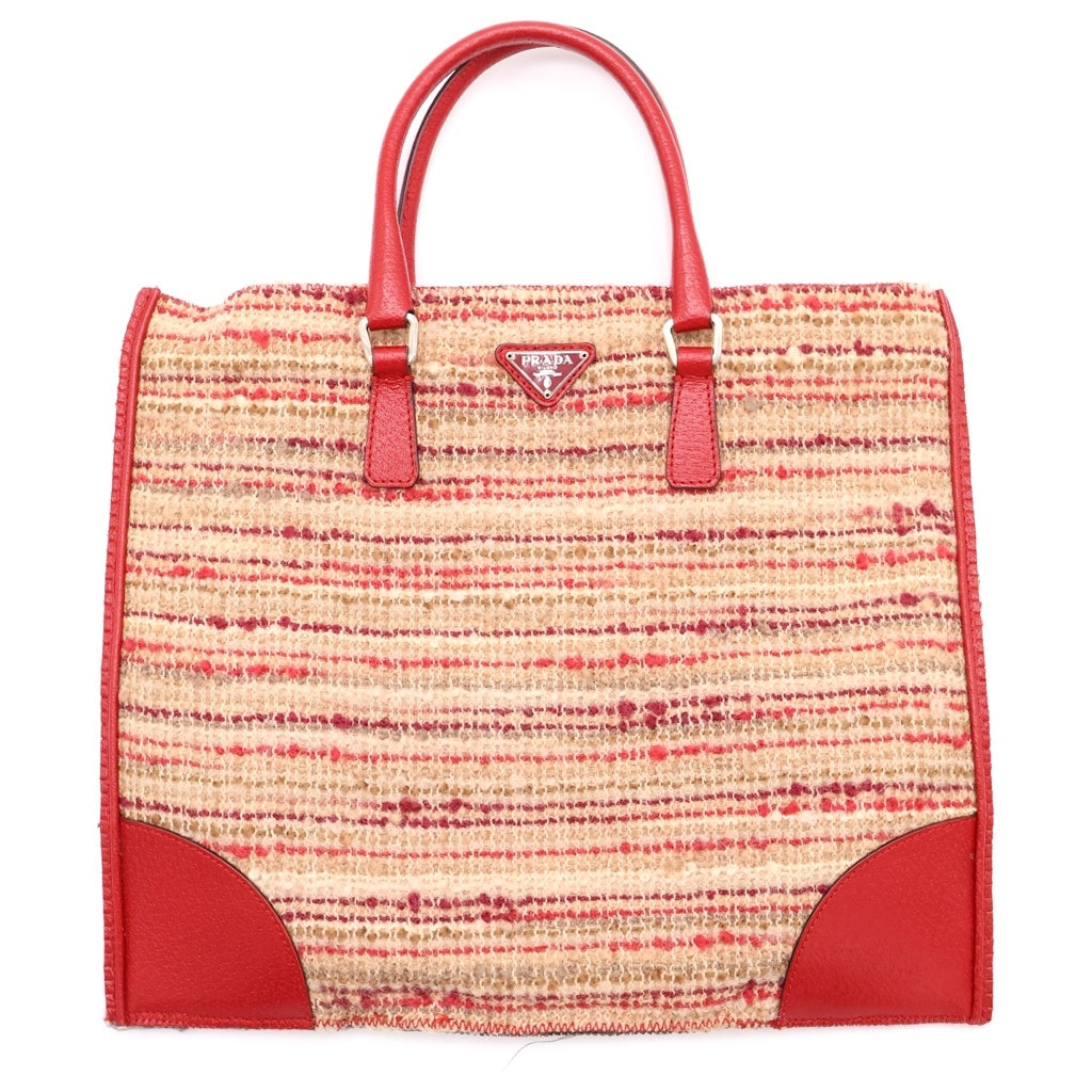 PRADA(プラダ) トライアングルロゴ ハンドバッグ ベージュ/レッド ツイードレザー レディース