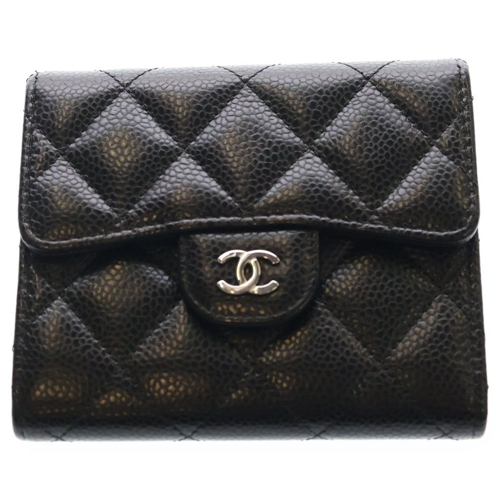 CHANEL(シャネル) マトラッセ クラシック キャビアスキン レザー コンパクトウォレット 三つ折り財布 シルバー金具 ブラック レディース