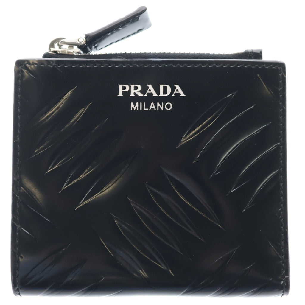 PRADA(プラダ) ロゴ ウォレット 二つ折り財布 エナメル レザー 小銭入れ ブラック レディース