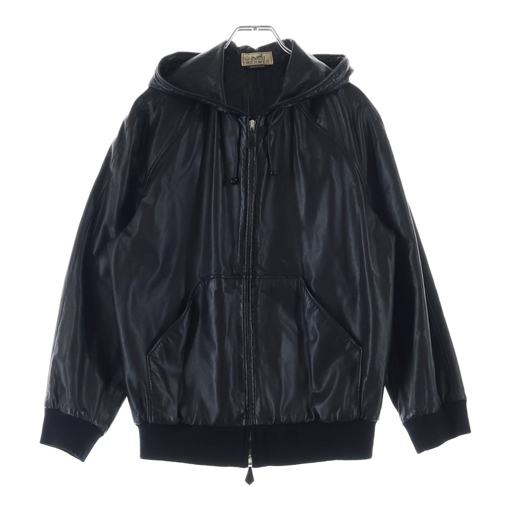 HERMES(エルメス) ラムスキン レザー ジップアップ フーデッド ジャケット ブラック