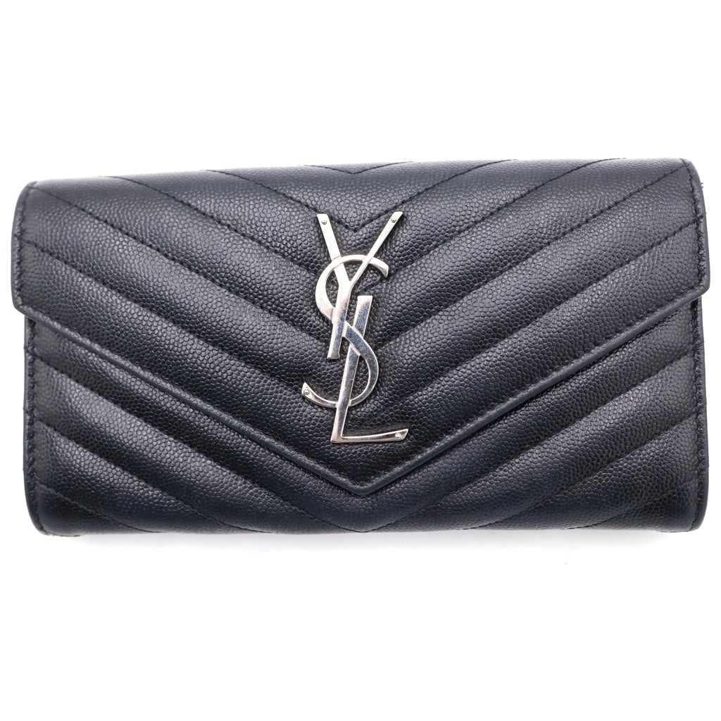 SAINT LAURENT PARIS(サンローランパリ) カサンドラロゴプレート シェブロン Vステッチ レザー ラージフラップ ロングウォレット 長財布 シルバー金具 ブラック 372244
