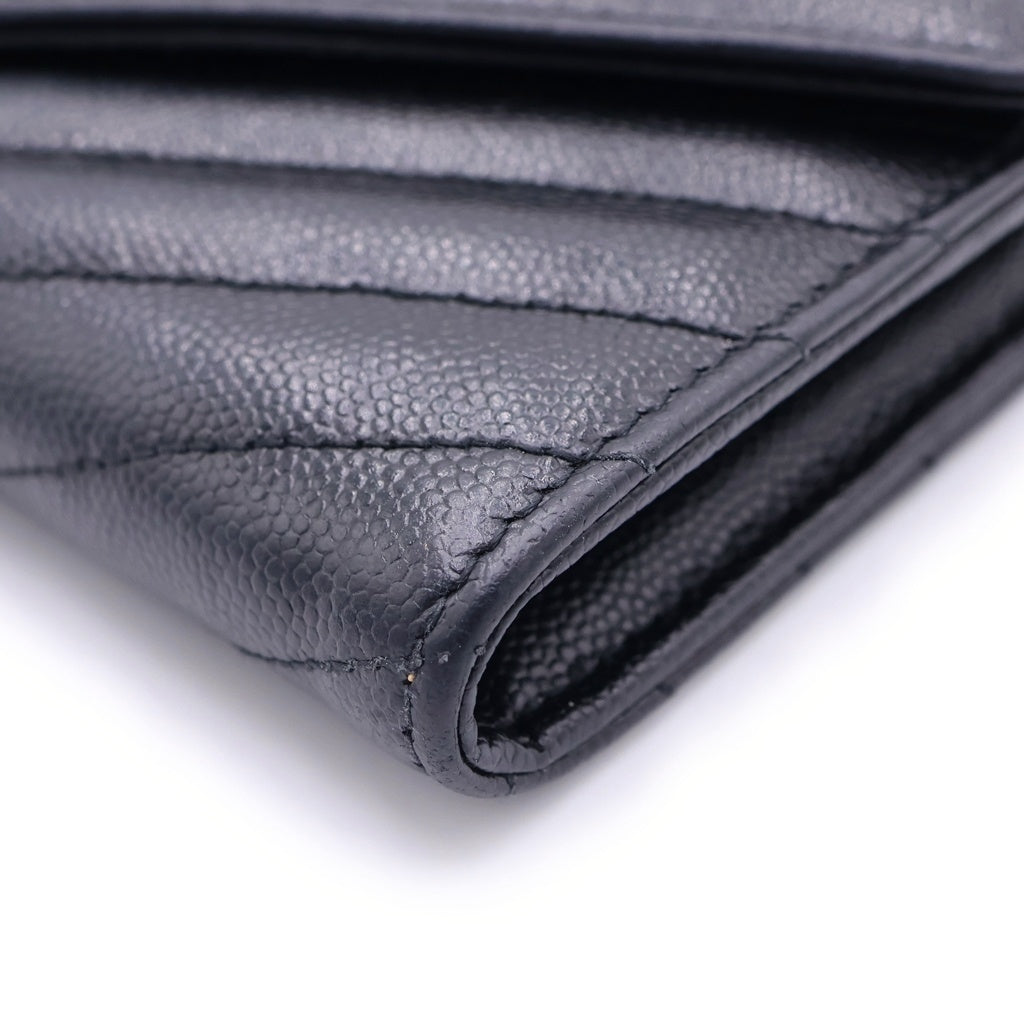 SAINT LAURENT PARIS(サンローランパリ) カサンドラロゴプレート シェブロン Vステッチ レザー ラージフラップ ロングウォレット 長財布 シルバー金具 ブラック 372244