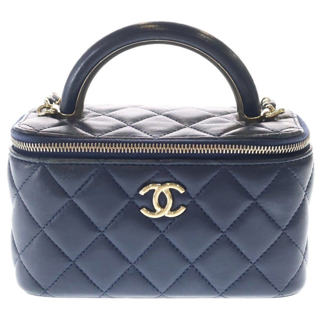CHANEL(シャネル) マトラッセ バニティ トップハンドル ラムスキン ゴールド金具 チェーンショルダーバッグ ネイビー レディース