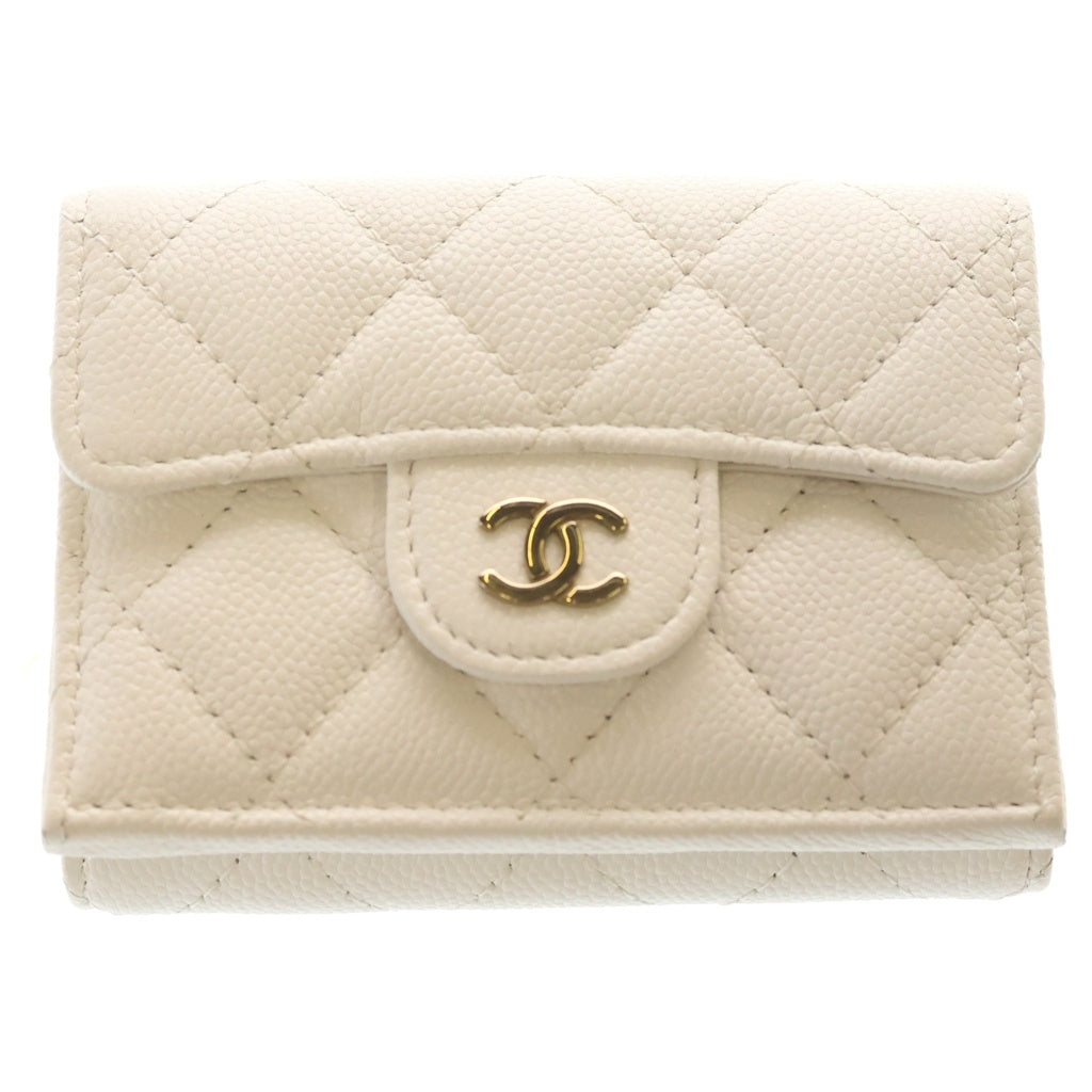 CHANEL(シャネル) マトラッセ キャビアスキン ゴールド金具 三つ折り財布 コンパクトウォレット ホワイト レディース