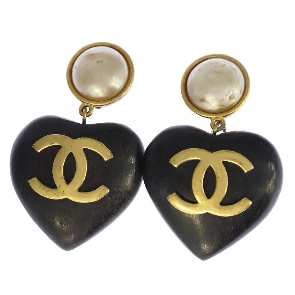 CHANEL(シャネル) ココマーク ハート ウッド パール イヤリング 28 ブラック/ゴールド レディース