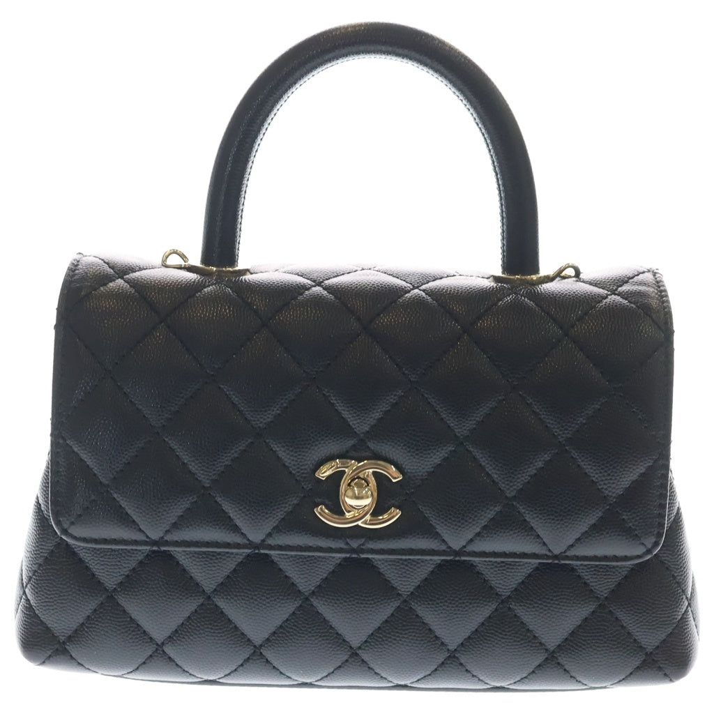 CHANEL(シャネル) ココハンドルXS マトラッセ キャビアスキン レザー 2WAY ハンド チェーンショルダー バッグ ゴールド金具 ブラック プレート レディース