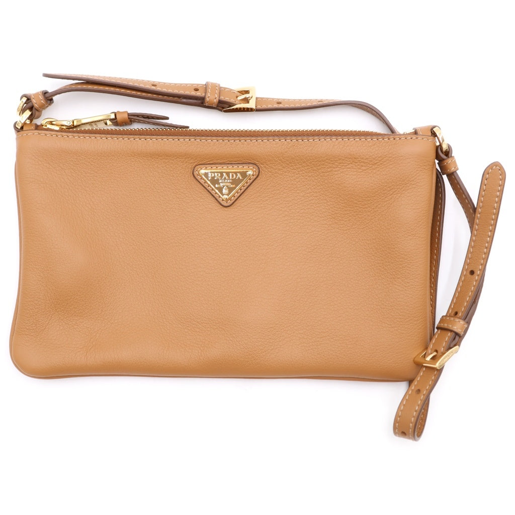 PRADA(プラダ) ソフトグレイン ショルダーバック ミニバッグ キャメル ブラウン レザー 1BC238 ゴールド金具 レディース