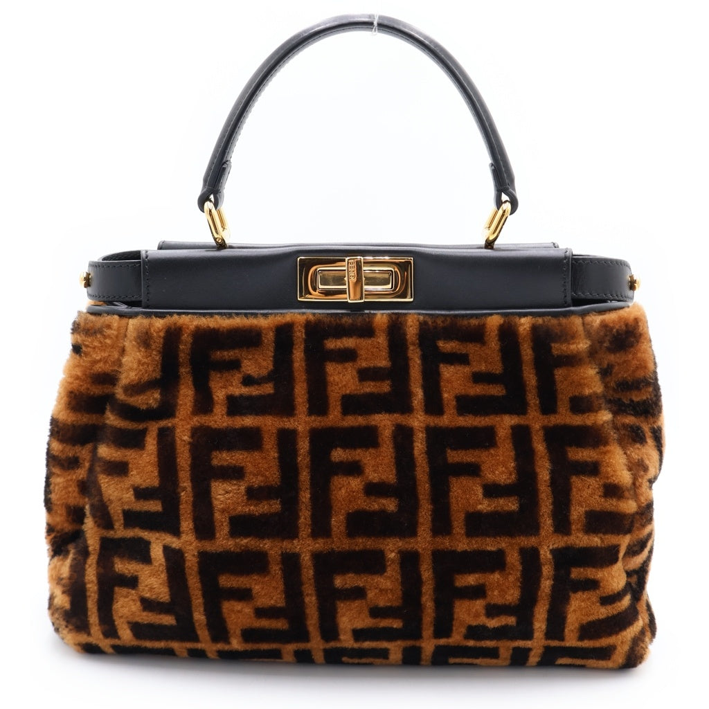 FENDI(フェンディ) ピーカブー ミディアム レギュラー ハンド ショルダーバッグ ファー レザー ズッカ柄 ブラウン レディース