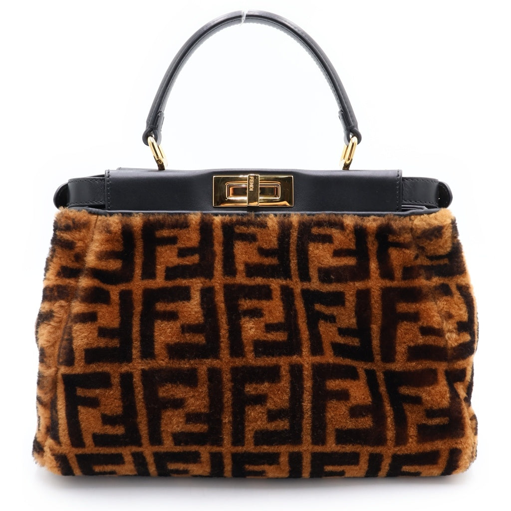 FENDI(フェンディ) ピーカブー ミディアム レギュラー ハンド ショルダーバッグ ファー レザー ズッカ柄 ブラウン レディース