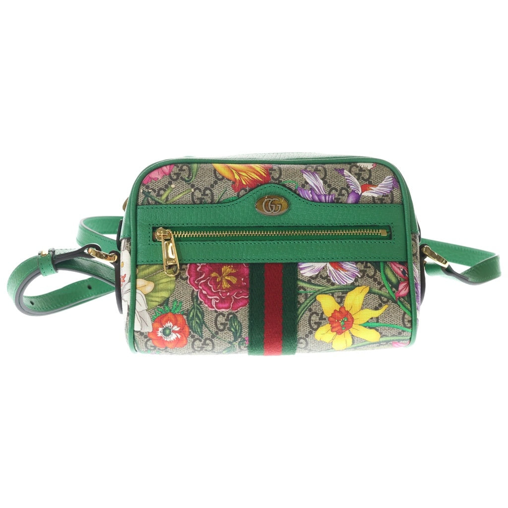GUCCI(グッチ) オフィディア GGフローラ ショルダーバッグ ベージュ×グリーン PVCレザー 517350 ゴールド金具 レディース