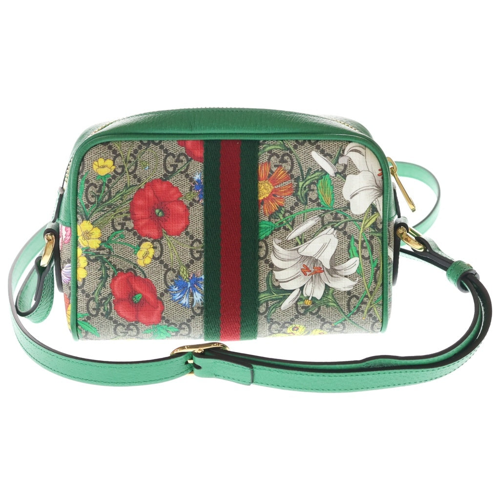 GUCCI(グッチ) オフィディア GGフローラ ショルダーバッグ ベージュ×グリーン PVCレザー 517350 ゴールド金具 レディース