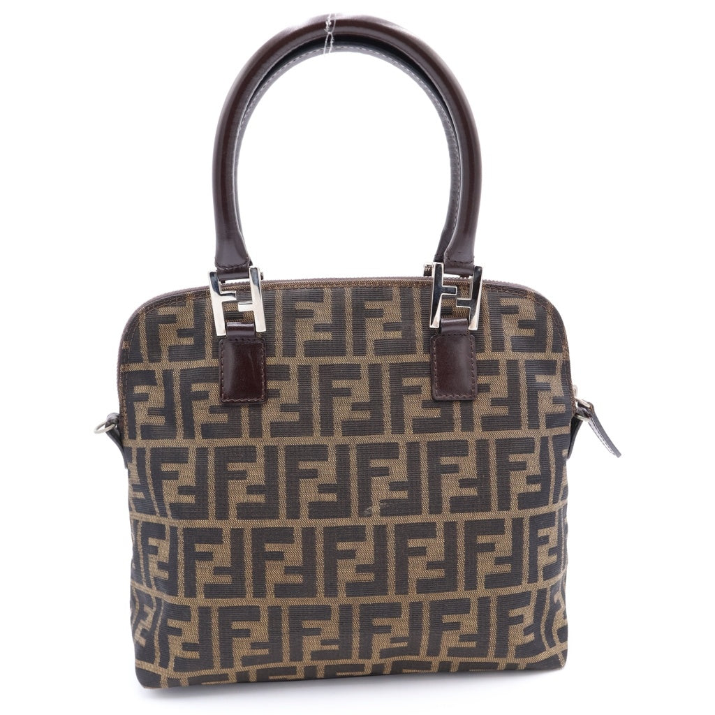 FENDI(フェンディ) ズッカ ハンドバッグ ミニトートバッグ ブラウン レザー×キャンバス シルバー金具 レディース