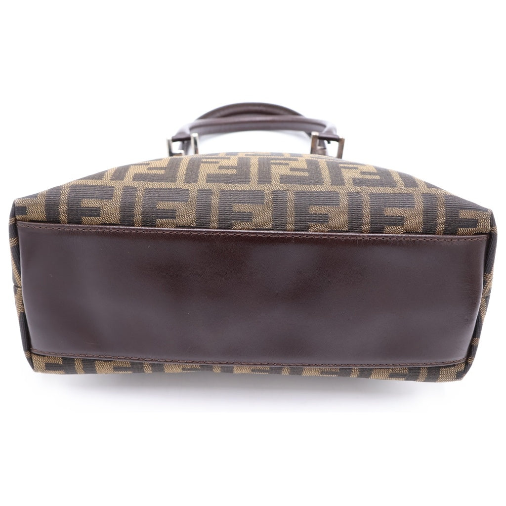 FENDI(フェンディ) ズッカ ハンドバッグ ミニトートバッグ ブラウン レザー×キャンバス シルバー金具 レディース