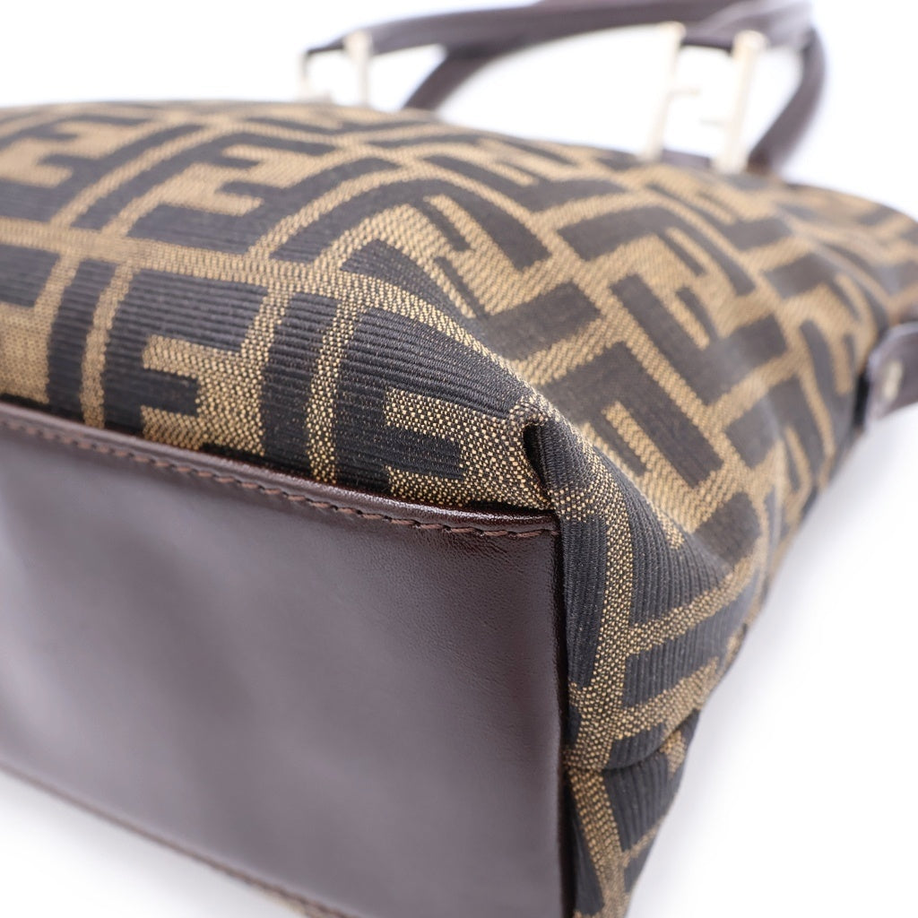 FENDI(フェンディ) ズッカ ハンドバッグ ミニトートバッグ ブラウン レザー×キャンバス シルバー金具 レディース