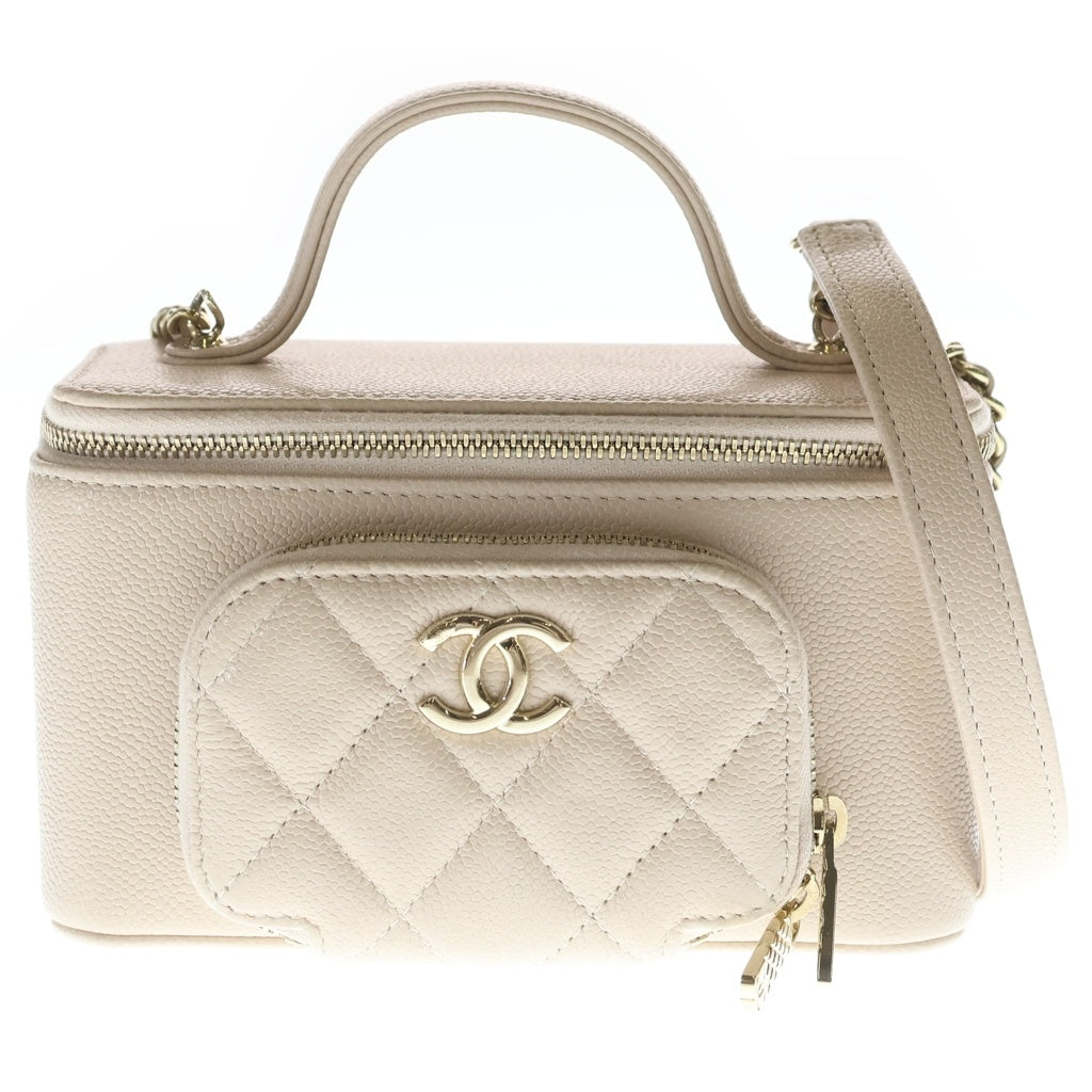 CHANEL(シャネル) バニティ マトラッセ キャビアスキン レザー 2WAY チェーンショルダー ハンド バッグ ゴールド金具 ベージュ シール レディース
