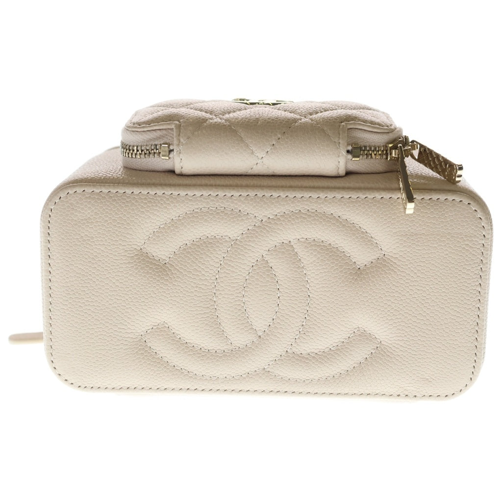 CHANEL(シャネル) バニティ マトラッセ キャビアスキン レザー 2WAY チェーンショルダー ハンド バッグ ゴールド金具 ベージュ シール レディース