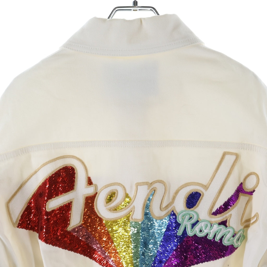 FENDI(フェンディ) ロゴ レインボースパンコール 刺繍 コットン デニムジャケット アウター #36 ホワイト FLF503 A5HR