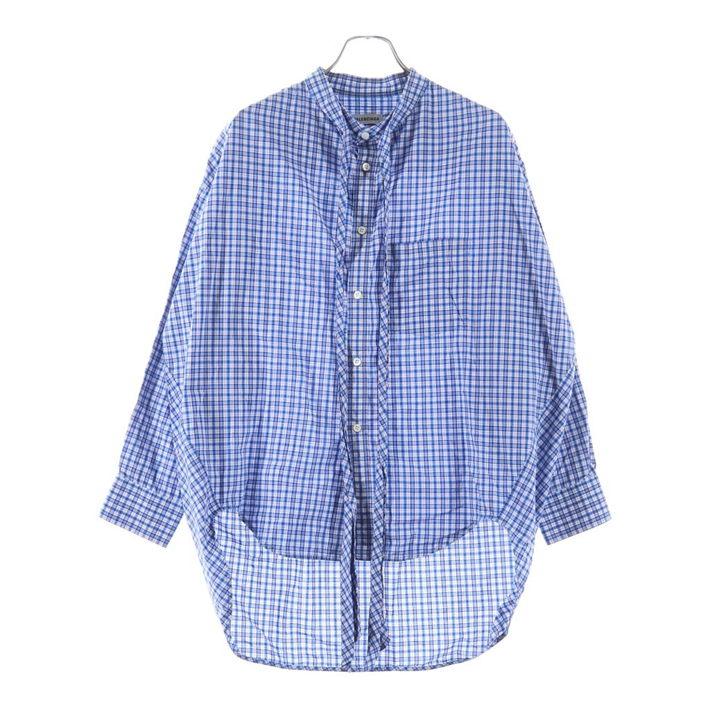 BALENCIAGA(バレンシアガ) ロゴ プリント チェック リボンタイ コットン 長袖 ニュースウィングシャツ ブラウス #36 ブルー 520497 レディース