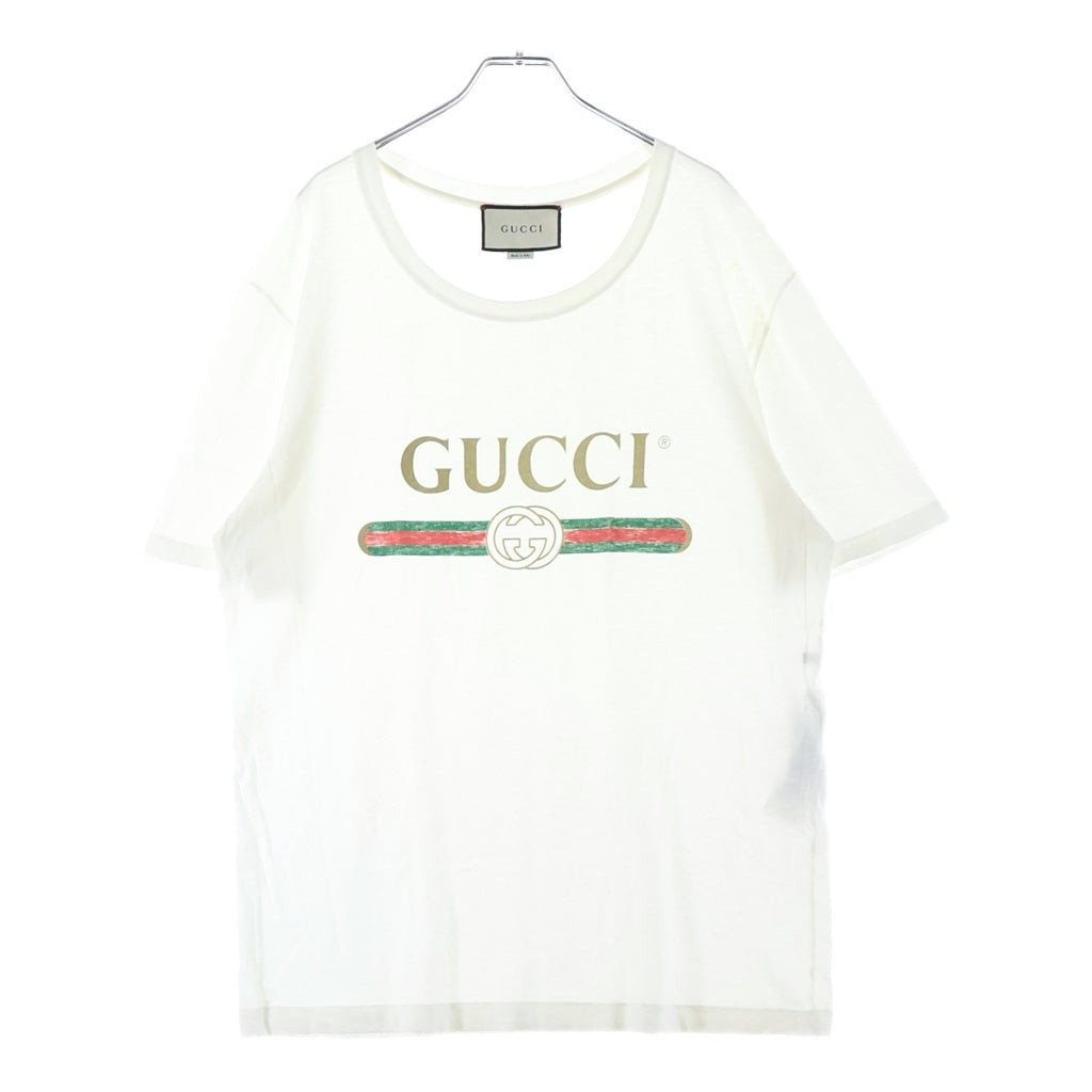 GUCCI(グッチ) ロゴ ウォッシュドプリント コットン ダメージ加工 クルーネック 半袖 Tシャツ カットソー #L ホワイト 440103 X3F05