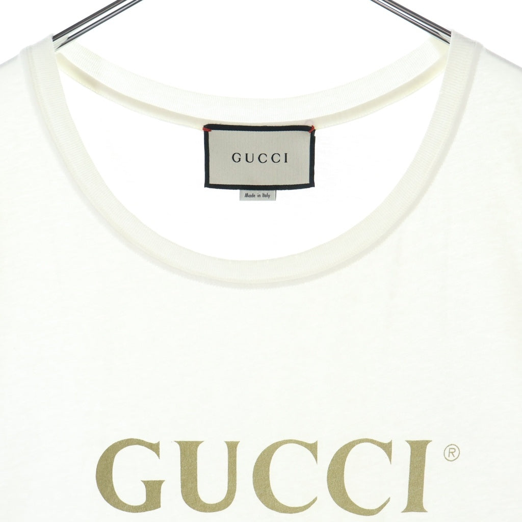 GUCCI(グッチ) ロゴ ウォッシュドプリント コットン ダメージ加工 クルーネック 半袖 Tシャツ カットソー #L ホワイト 440103 X3F05