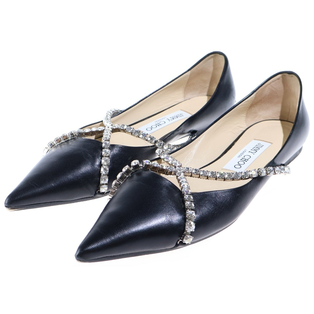 JIMMY CHOO(ジミーチュウ) Criss Cross Jewel Strap クリスクロス ジュエルストラップ パンプス フラットサンダル ラインストーン ブラック レザー レディース