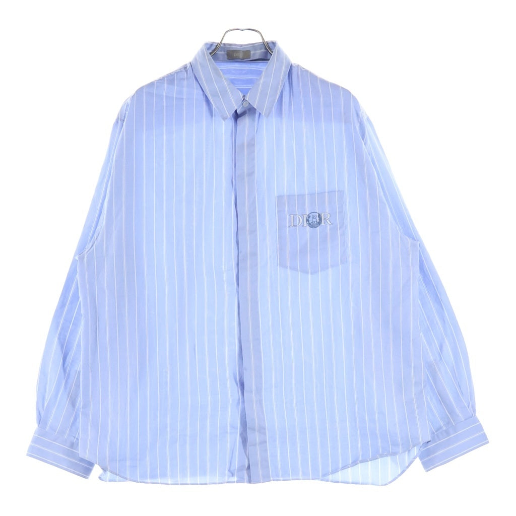 DIOR(ディオール) ×HYLTON NEL 25SS Oversized Shirt ヒルトン ネル オーバーサイズ長袖シャツ ロゴ刺繍 ストライプ ブルー 583C559A3006