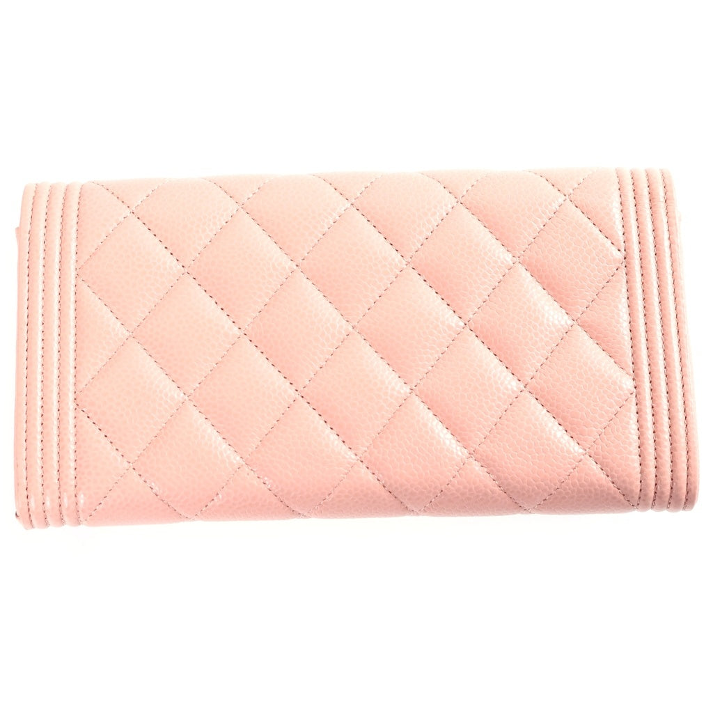 CHANEL(シャネル) ボーイシャネル マトラッセ 長財布 ロングウォレット 三つ折り財布 ピンク キャビアスキン A80286 ゴールド金具 レディース