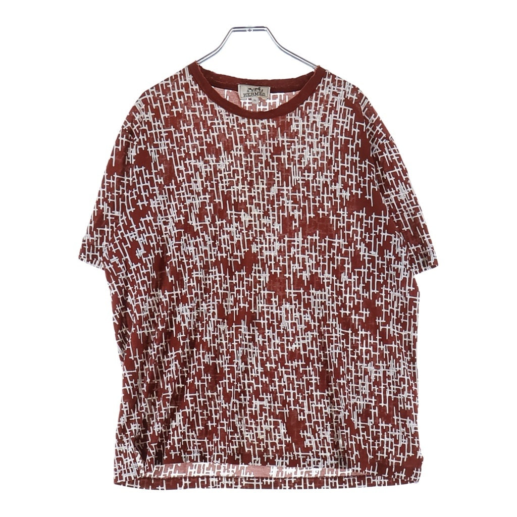 HERMES(エルメス) 総柄Hロゴ ストレッチ 半袖Tシャツ カットソー コットン イタリア製 ボルドー/ホワイト