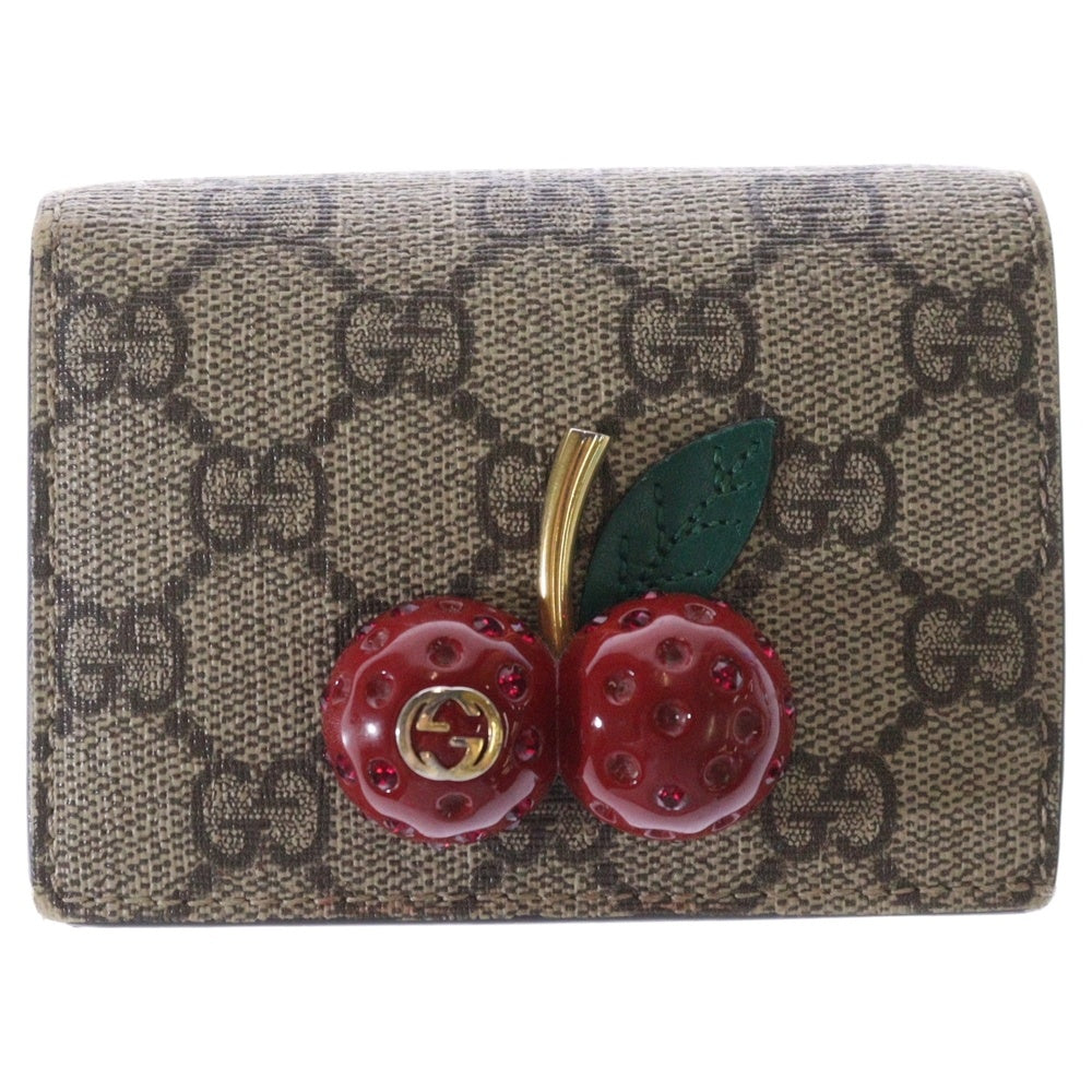GUCCI(グッチ) GGスプリーム チェリー レザーコンパクトウォレット 二つ折り財布 ベージュ レディース 476050
