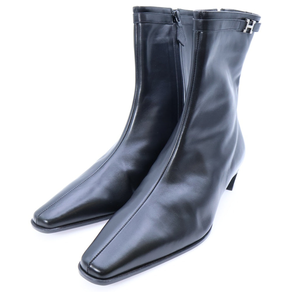 HERMES(エルメス) コンスタンス Hロゴプレート サイドジップ ヒール ハイカット シューズ ショートブーツ シルバー金具 ブラック レディース
