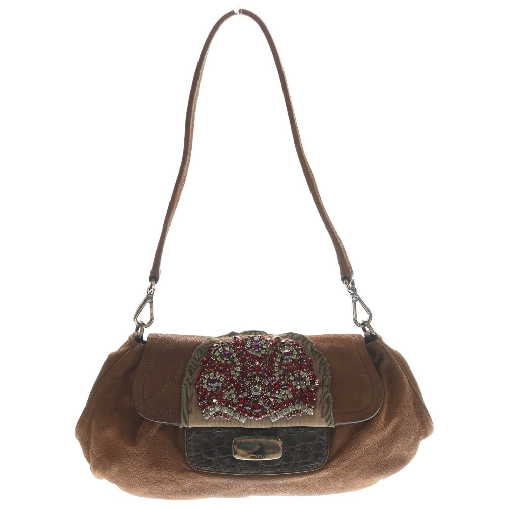PRADA(プラダ) ビジュー ストーン ワンショルダーバッグ ハンドバッグ ブラウン レザー シルバー金具 レディース