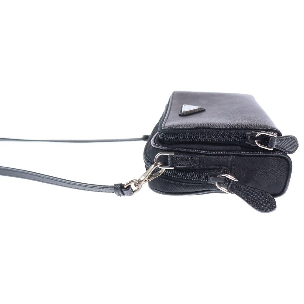 PRADA(プラダ) トライアングルロゴ サフィアーノレザー ナイロン ショルダーバッグ ブラック 1BP035 レディース