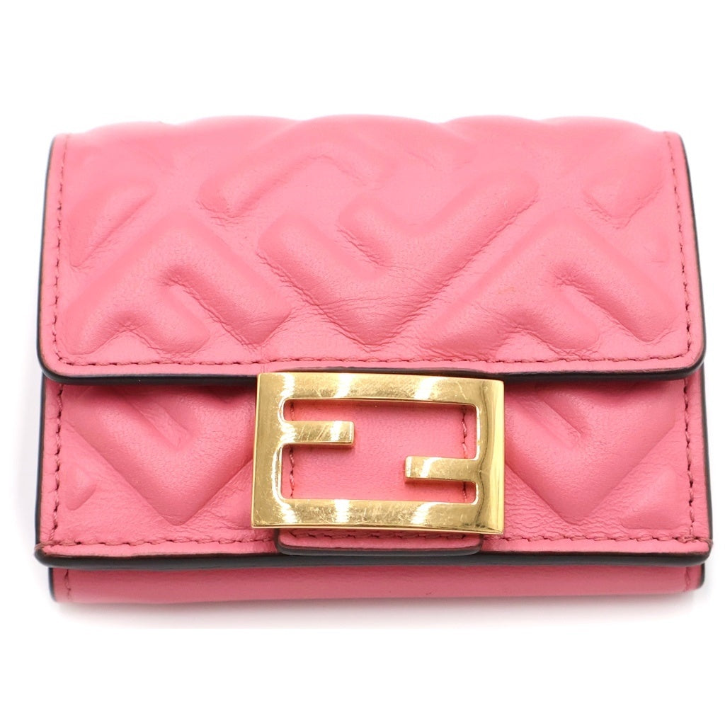 FENDI(フェンディ) ズッカ柄 三つ折り財布 コンパクトウォレット コインケース ピンク レザー 8M0395 ゴールド金具 レディース