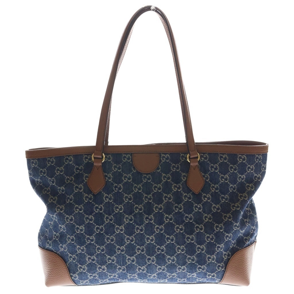 GUCCI(グッチ) オフィディア GGデニム ハンドバッグ トートバッグ インディゴブルー×ブラウン デニム×レザー 631685 ゴールド金具