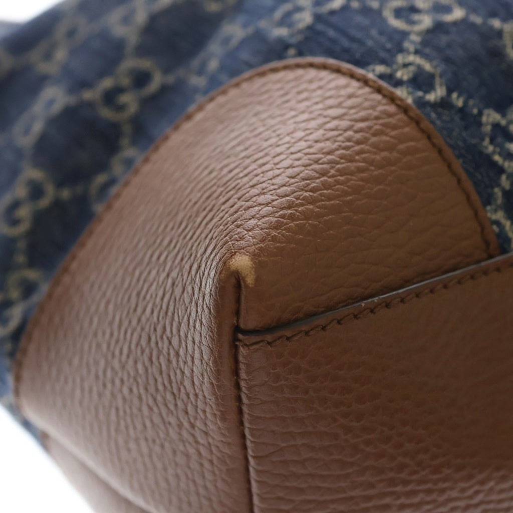 GUCCI(グッチ) オフィディア GGデニム ハンドバッグ トートバッグ インディゴブルー×ブラウン デニム×レザー 631685 ゴールド金具
